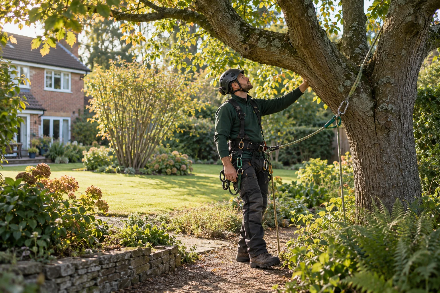 Roped arborist inspecting branching structure