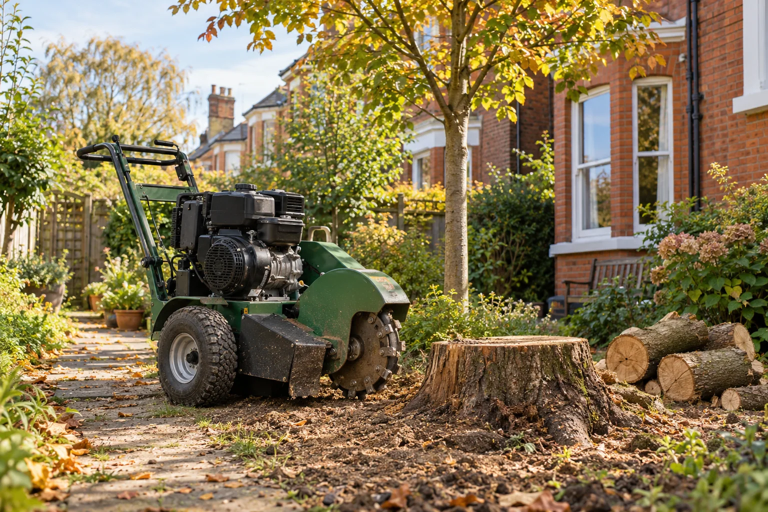Stationary stump grinder beside a garden stump