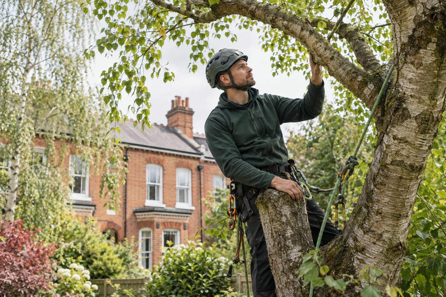 Roped arborist inspecting branching structure