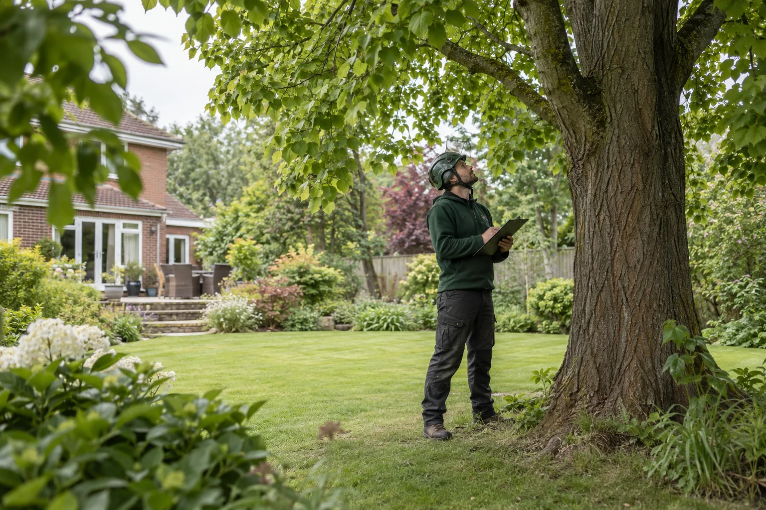 Arborist assessing a mature tree from ground level
