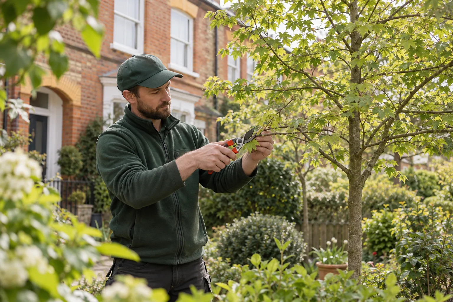 Careful pruning of a garden tree branch