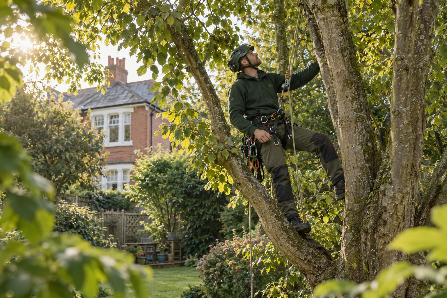 Roped arborist inspecting branching structure
