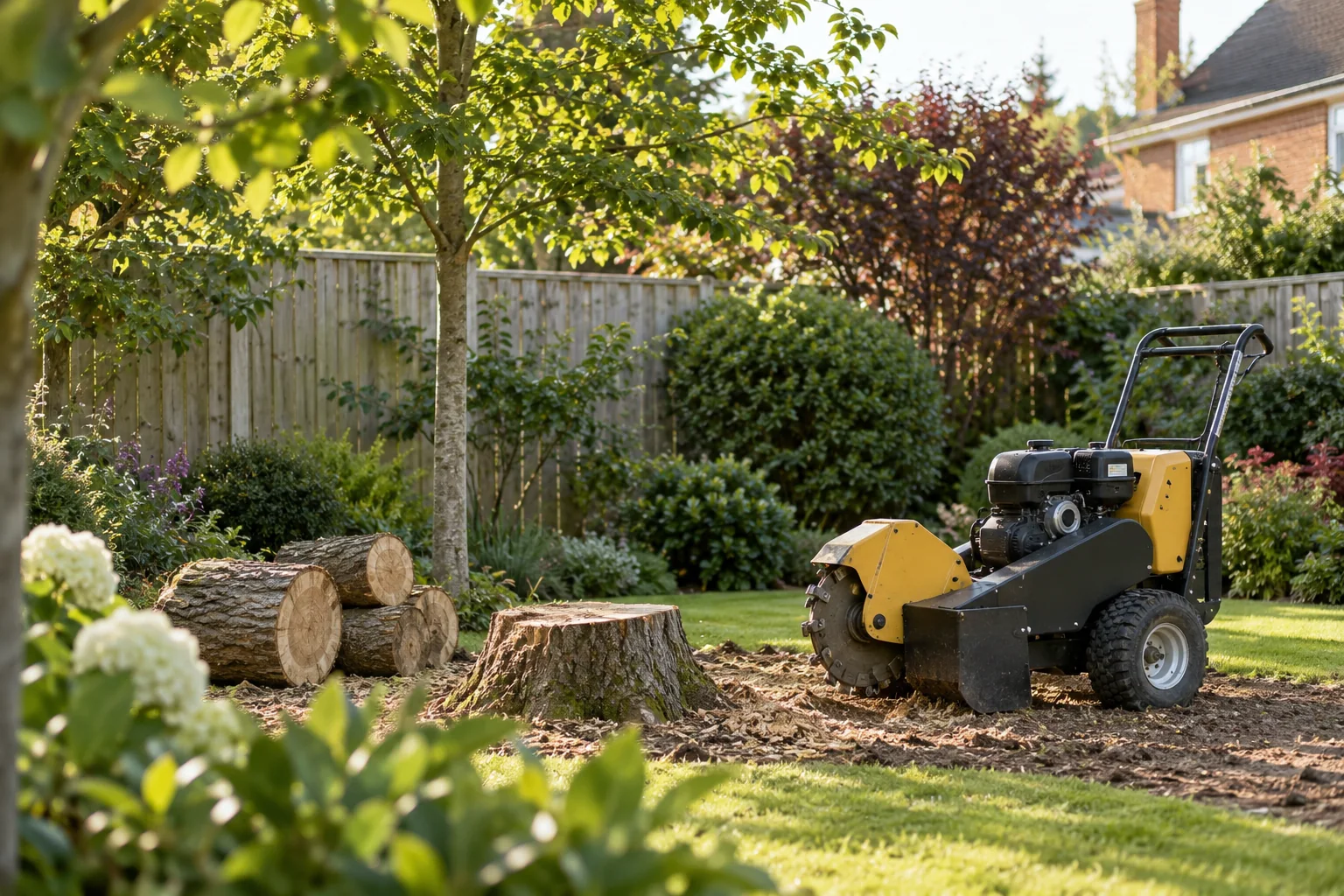 Stationary stump grinder beside a garden stump
