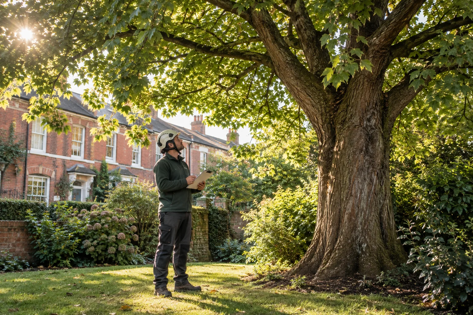 Arborist assessing a mature tree from ground level