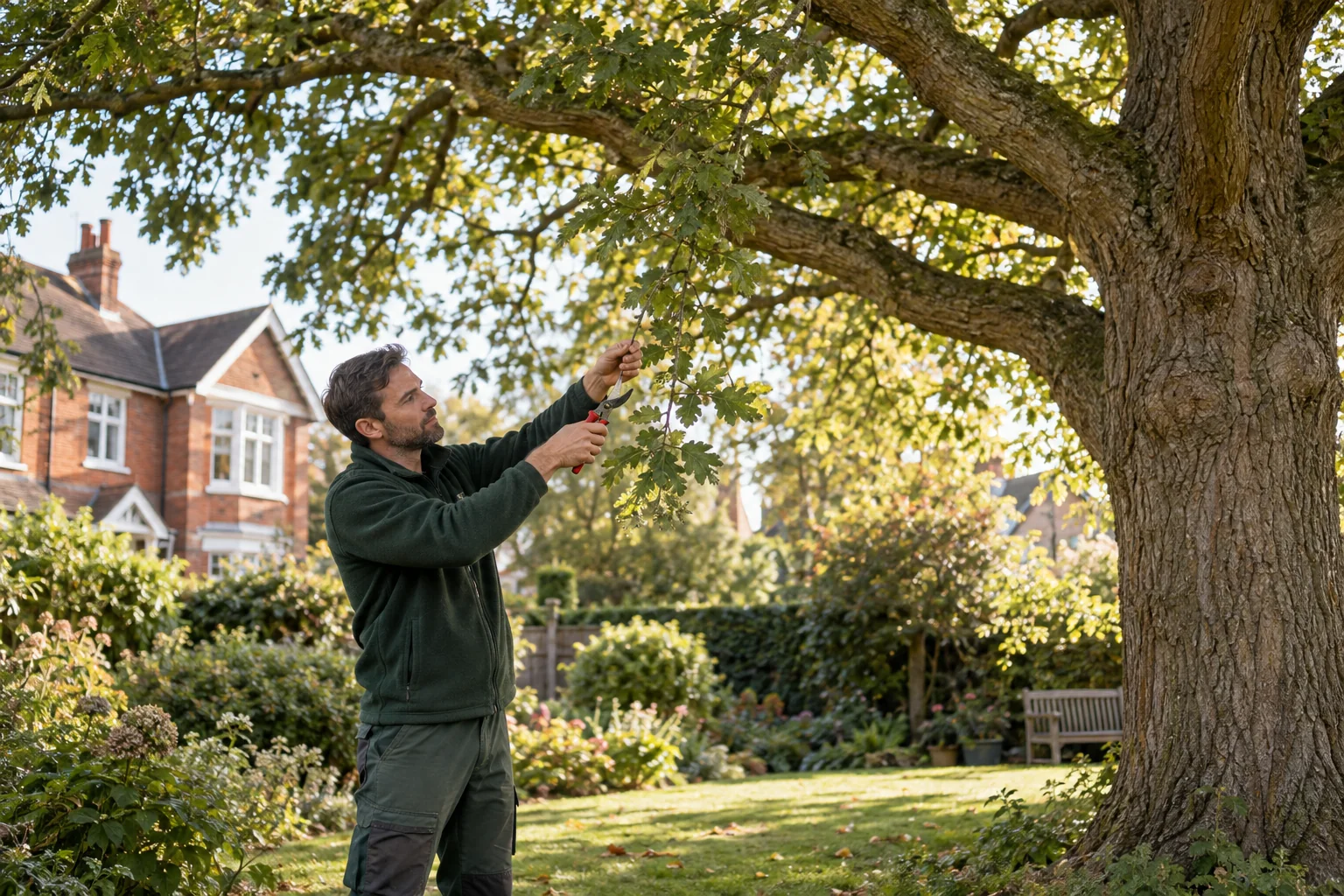 Careful pruning of a garden tree branch