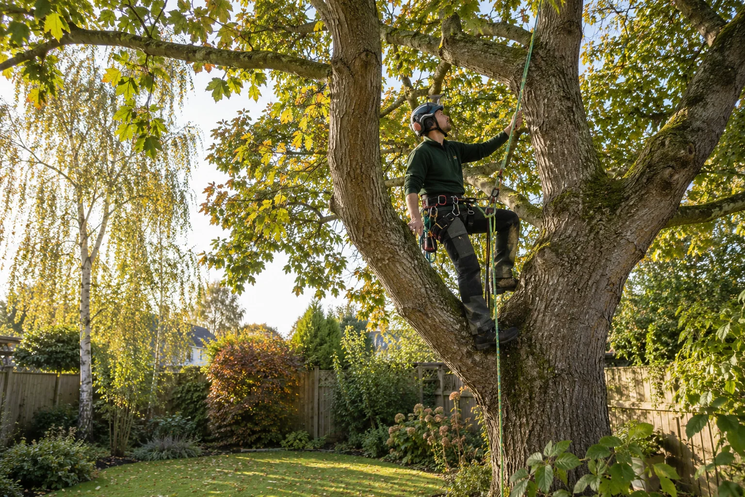 Roped arborist inspecting branching structure