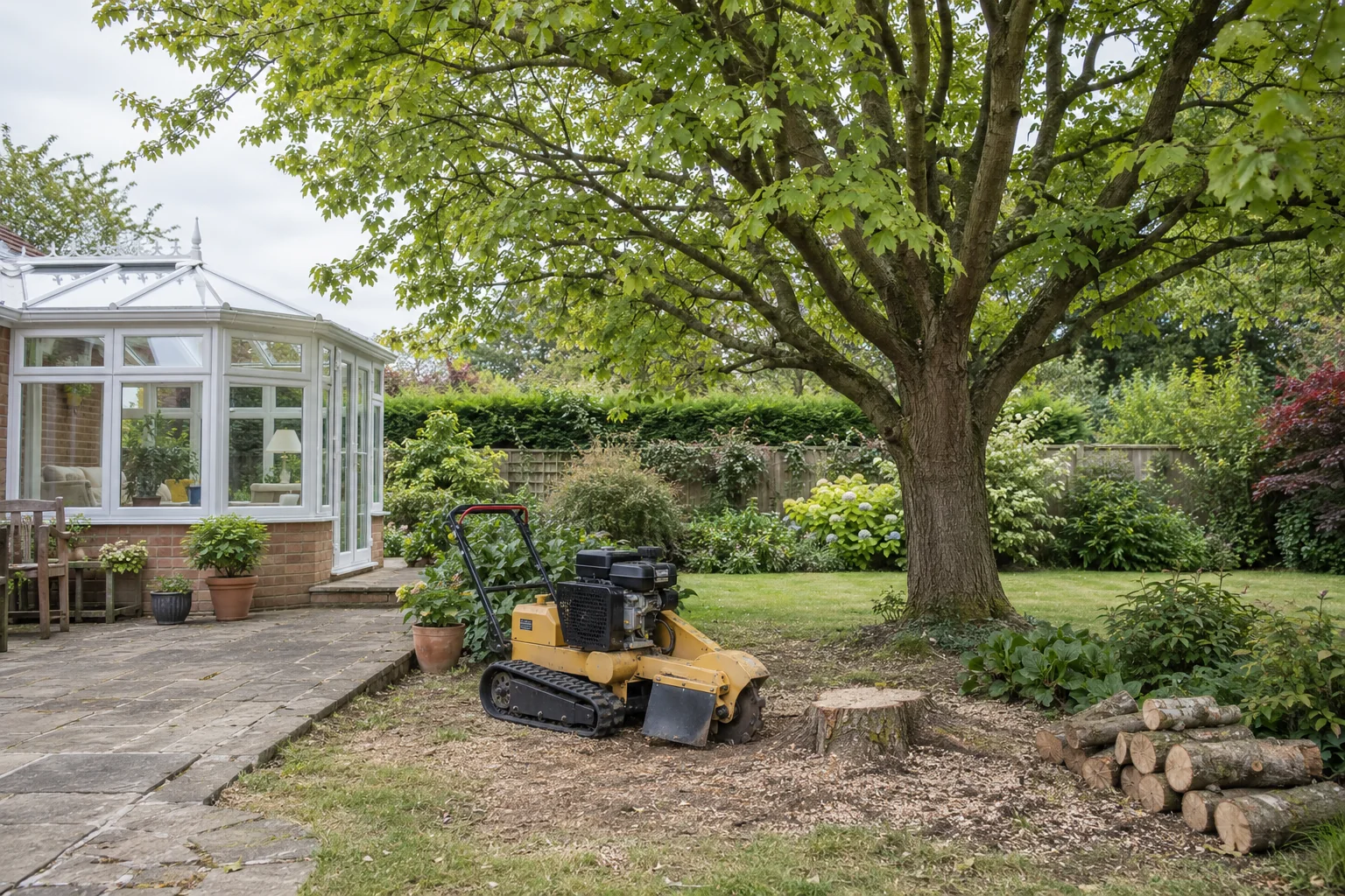 Stationary stump grinder beside a garden stump