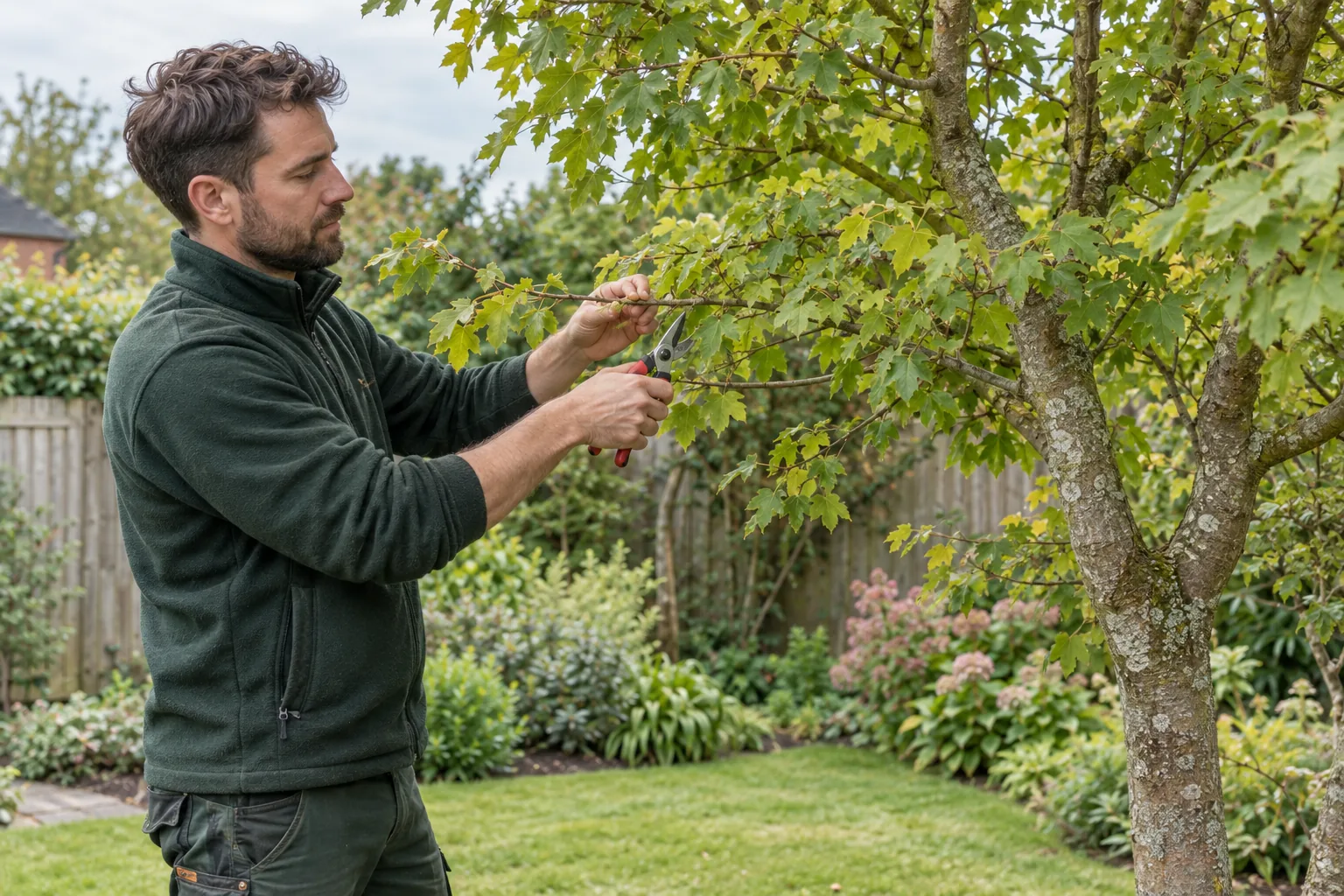 Careful pruning of a garden tree branch
