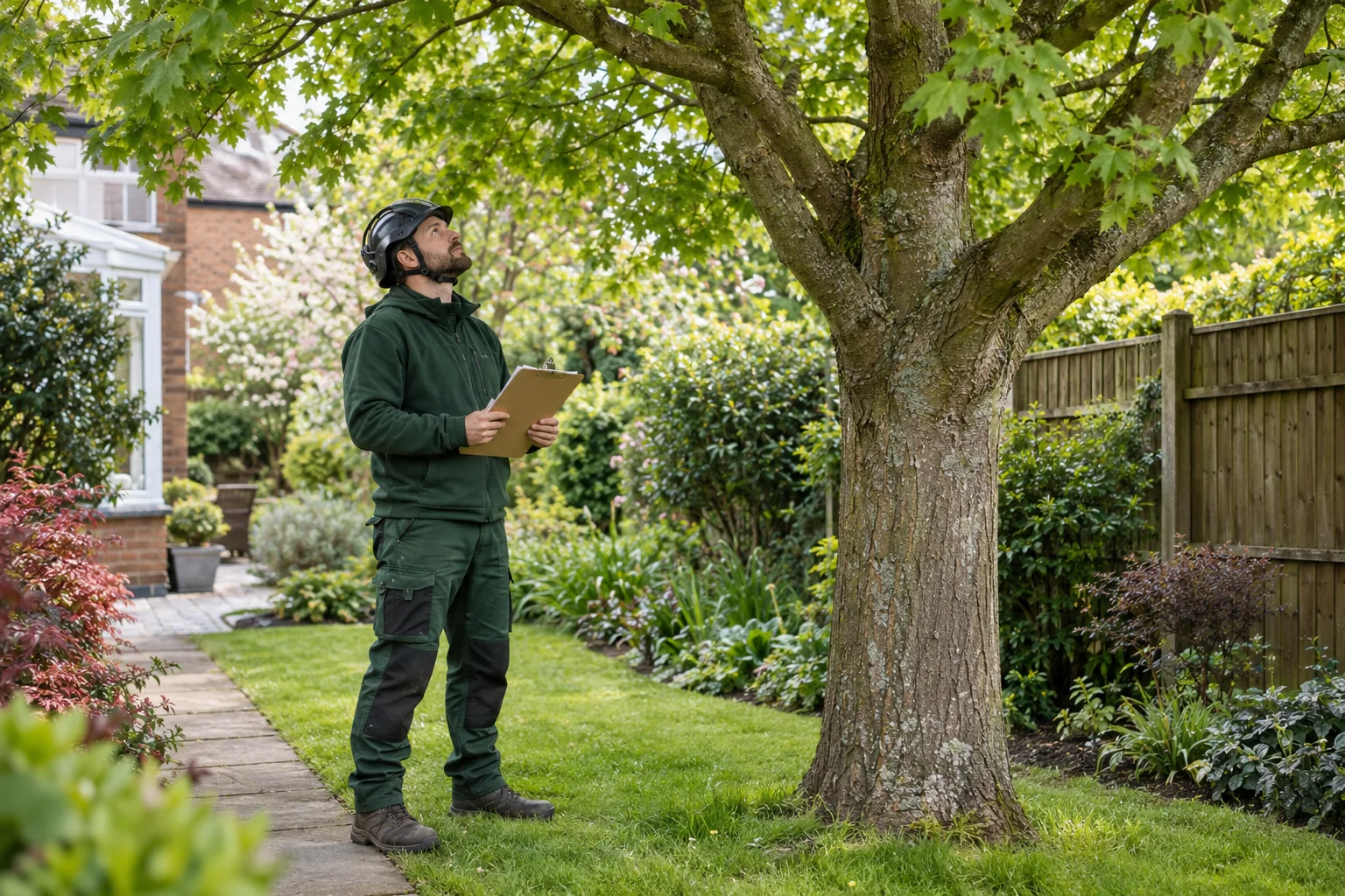 Arborist assessing a mature tree from ground level
