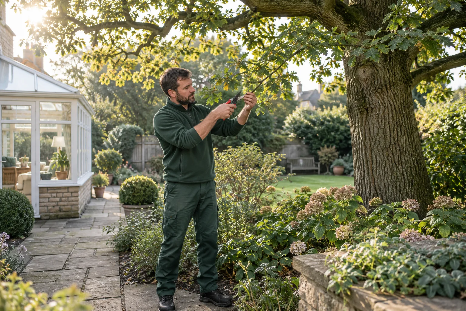 Careful pruning of a garden tree branch
