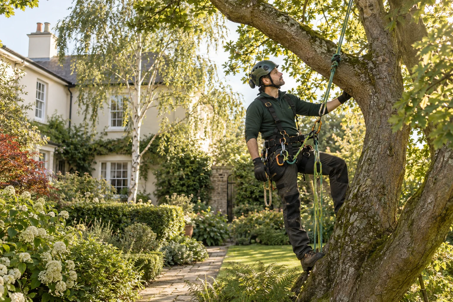 Roped arborist inspecting branching structure