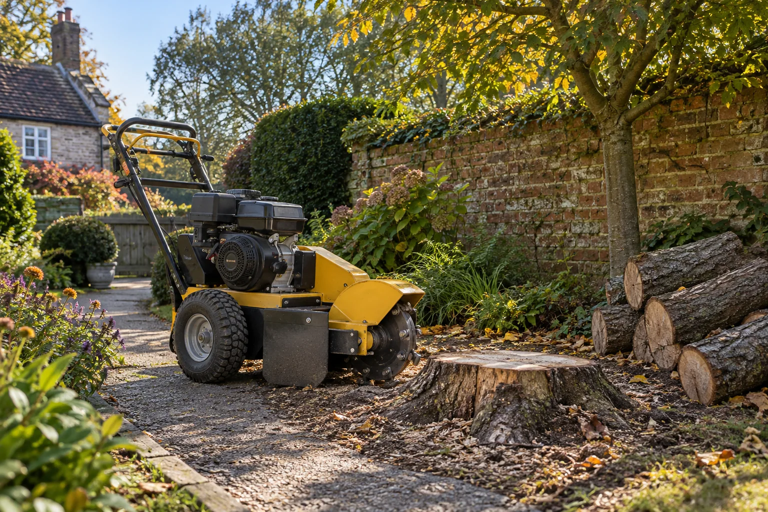 Stationary stump grinder beside a garden stump