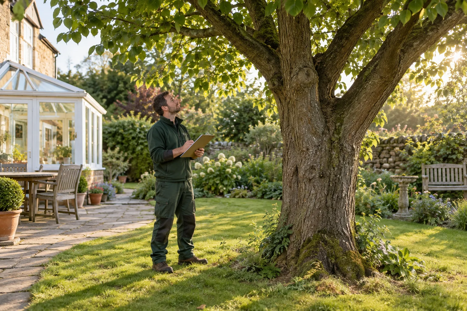 Arborist assessing a mature tree from ground level