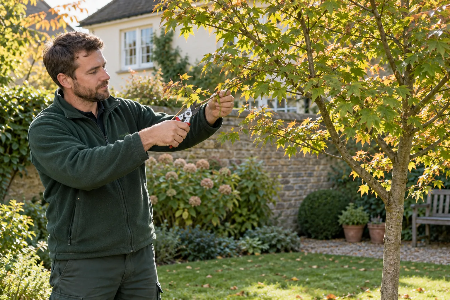 Careful pruning of a garden tree branch