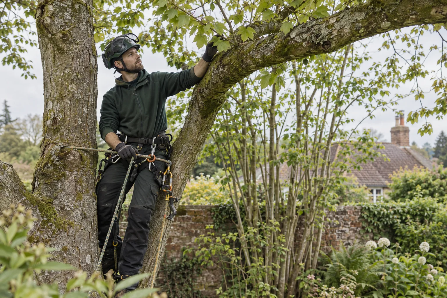 Roped arborist inspecting branching structure
