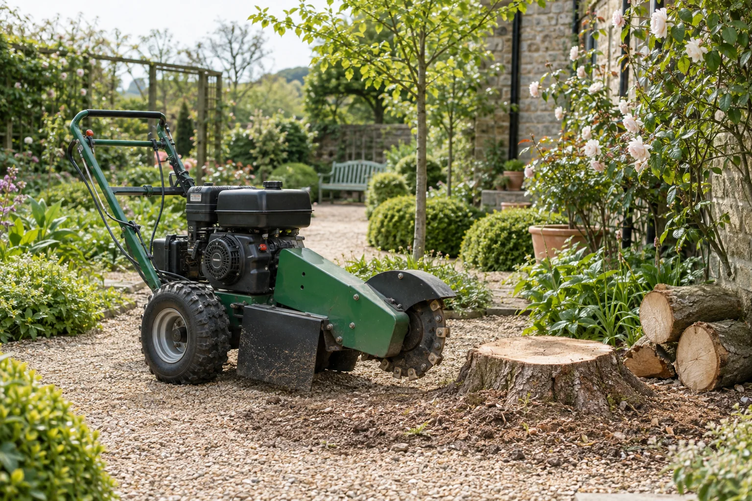 Stationary stump grinder beside a garden stump