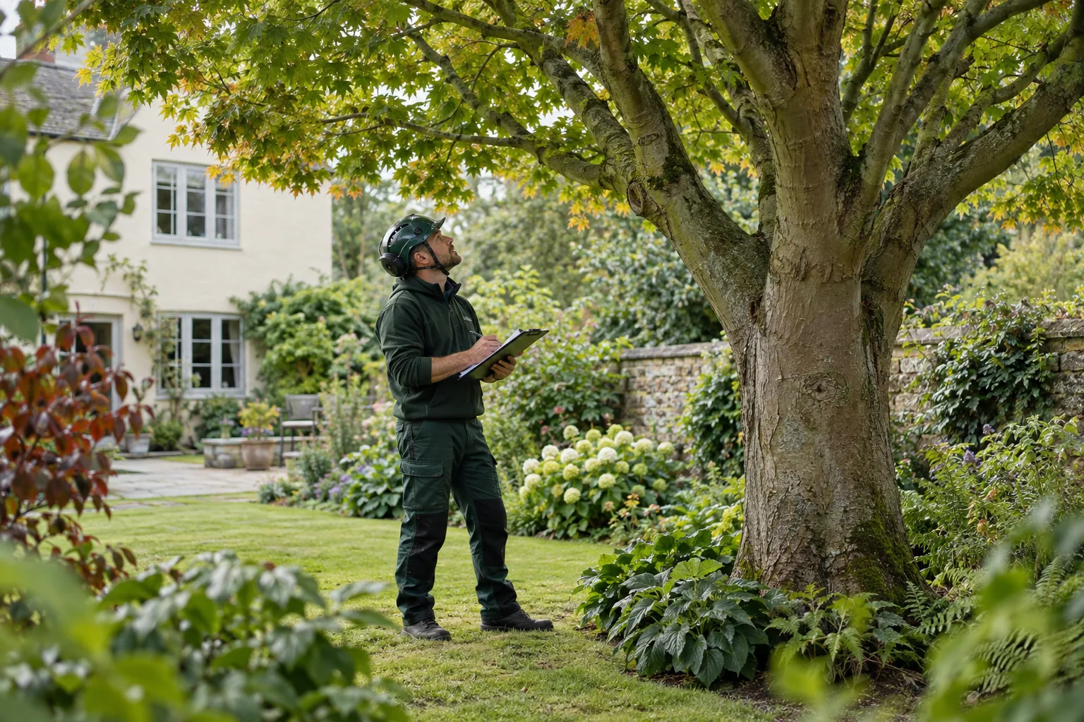 Arborist assessing a mature tree from ground level