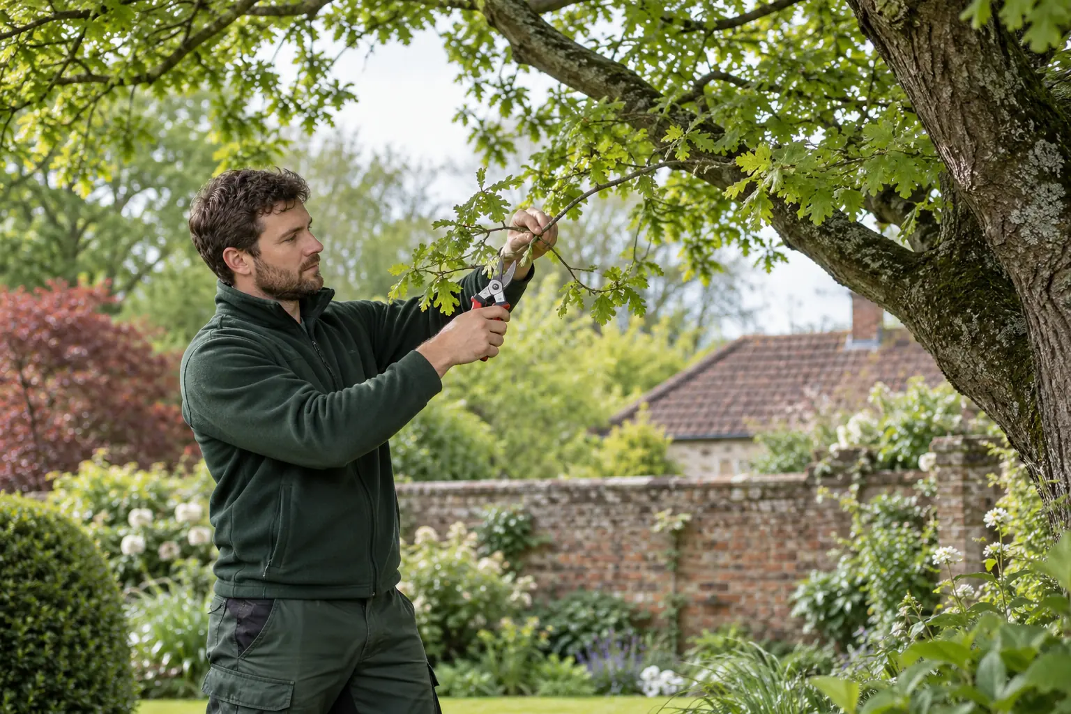 Careful pruning of a garden tree branch