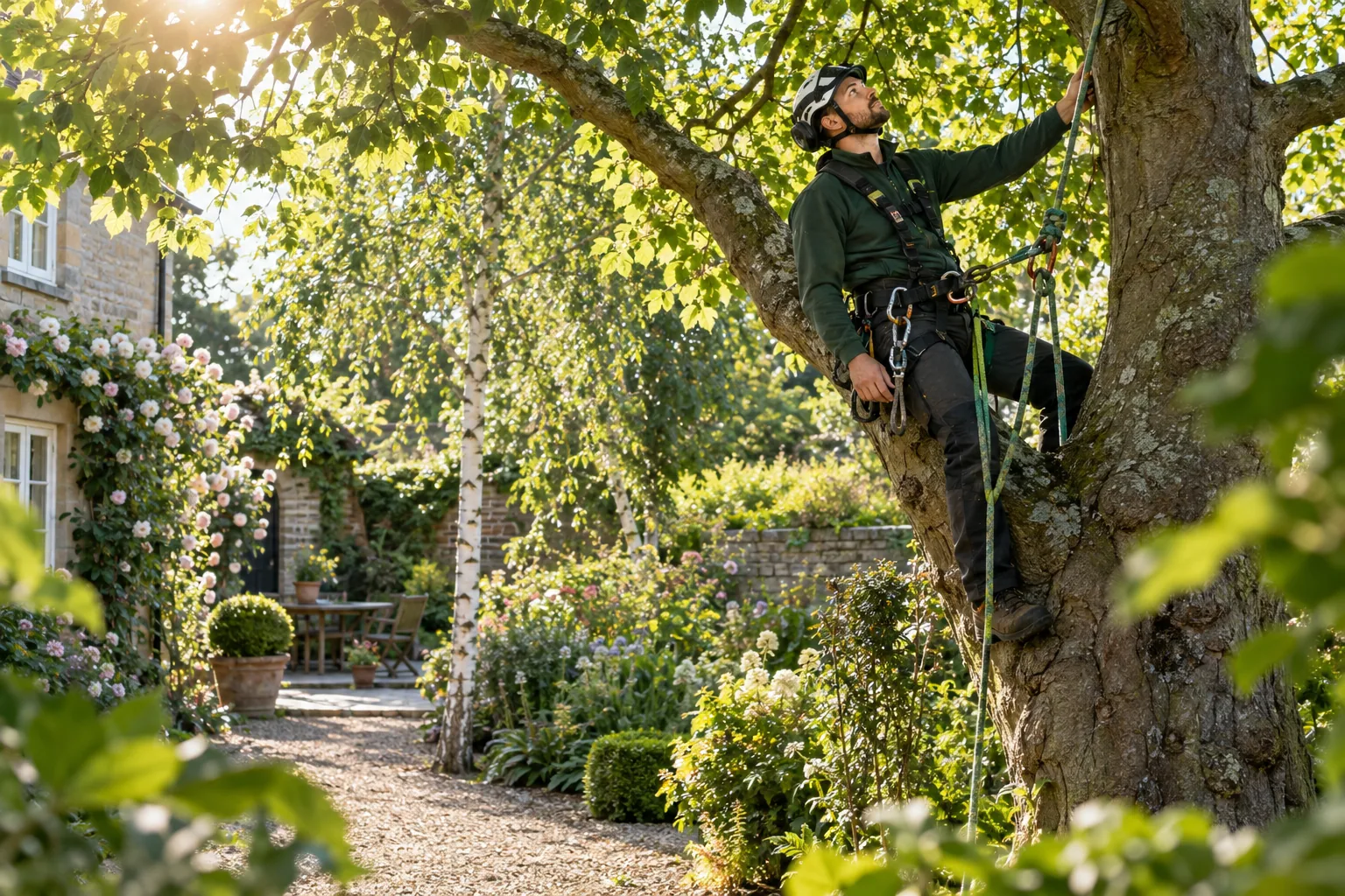 Roped arborist inspecting branching structure