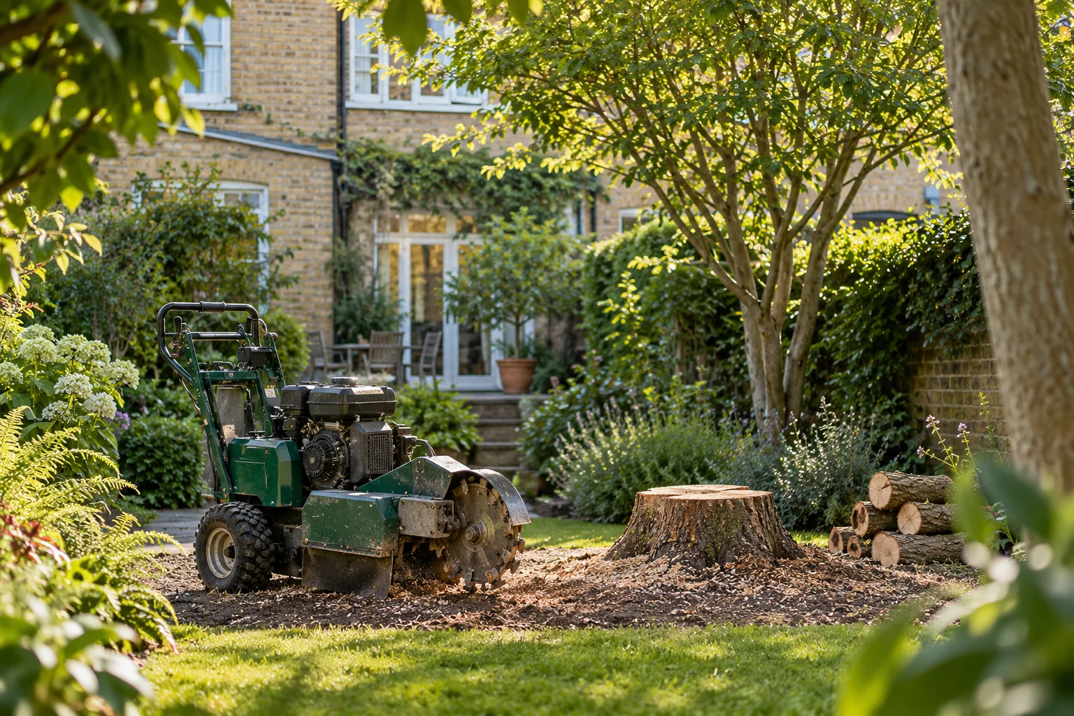 Stationary stump grinder beside a garden stump