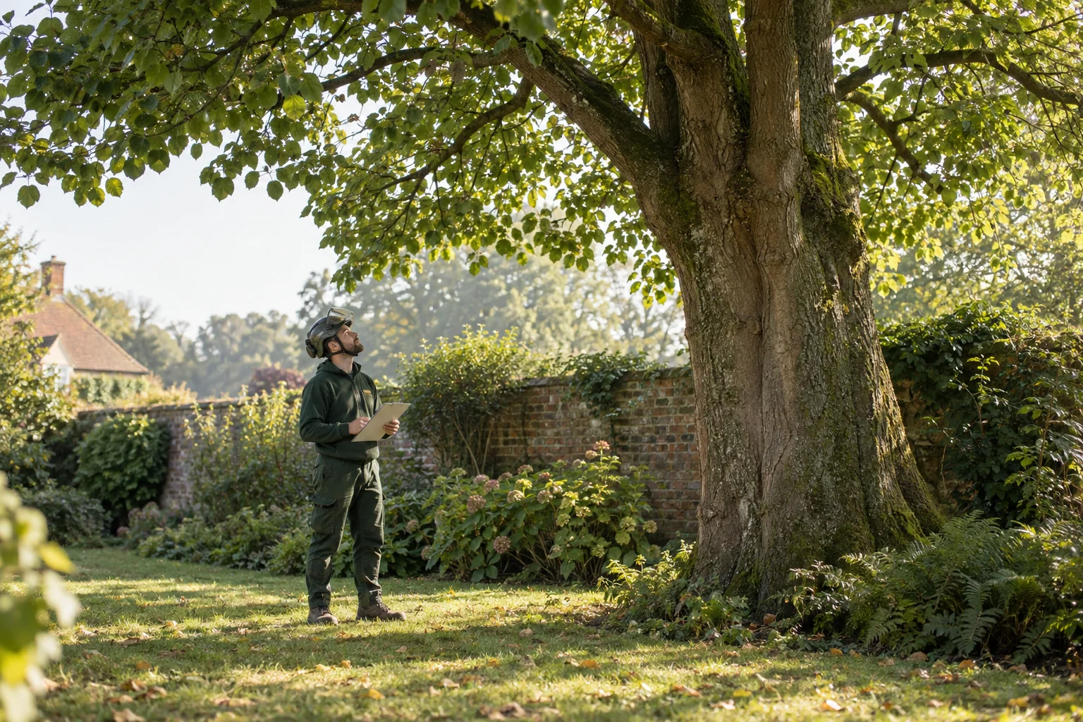 Arborist assessing a mature tree from ground level