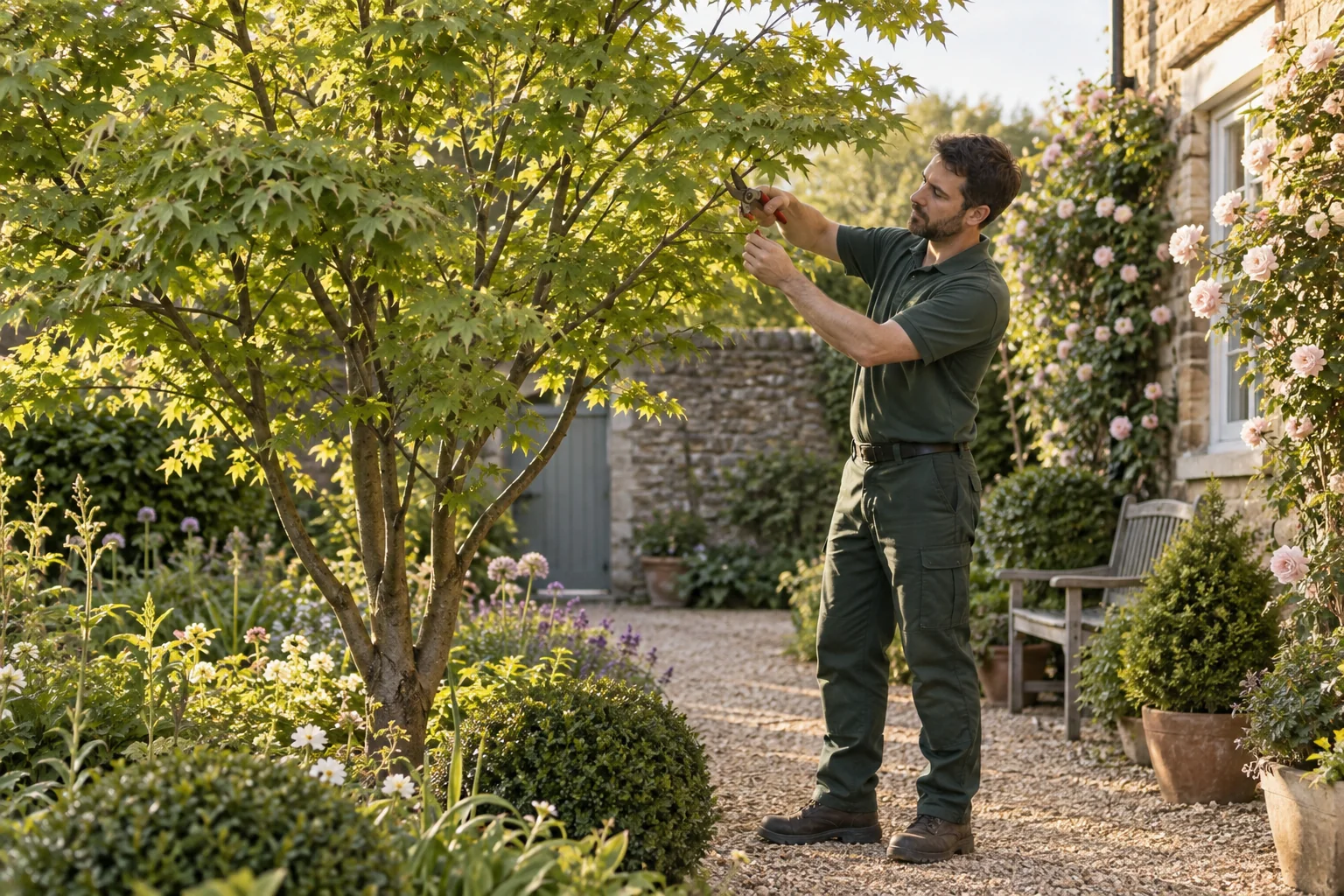 Careful pruning of a garden tree branch