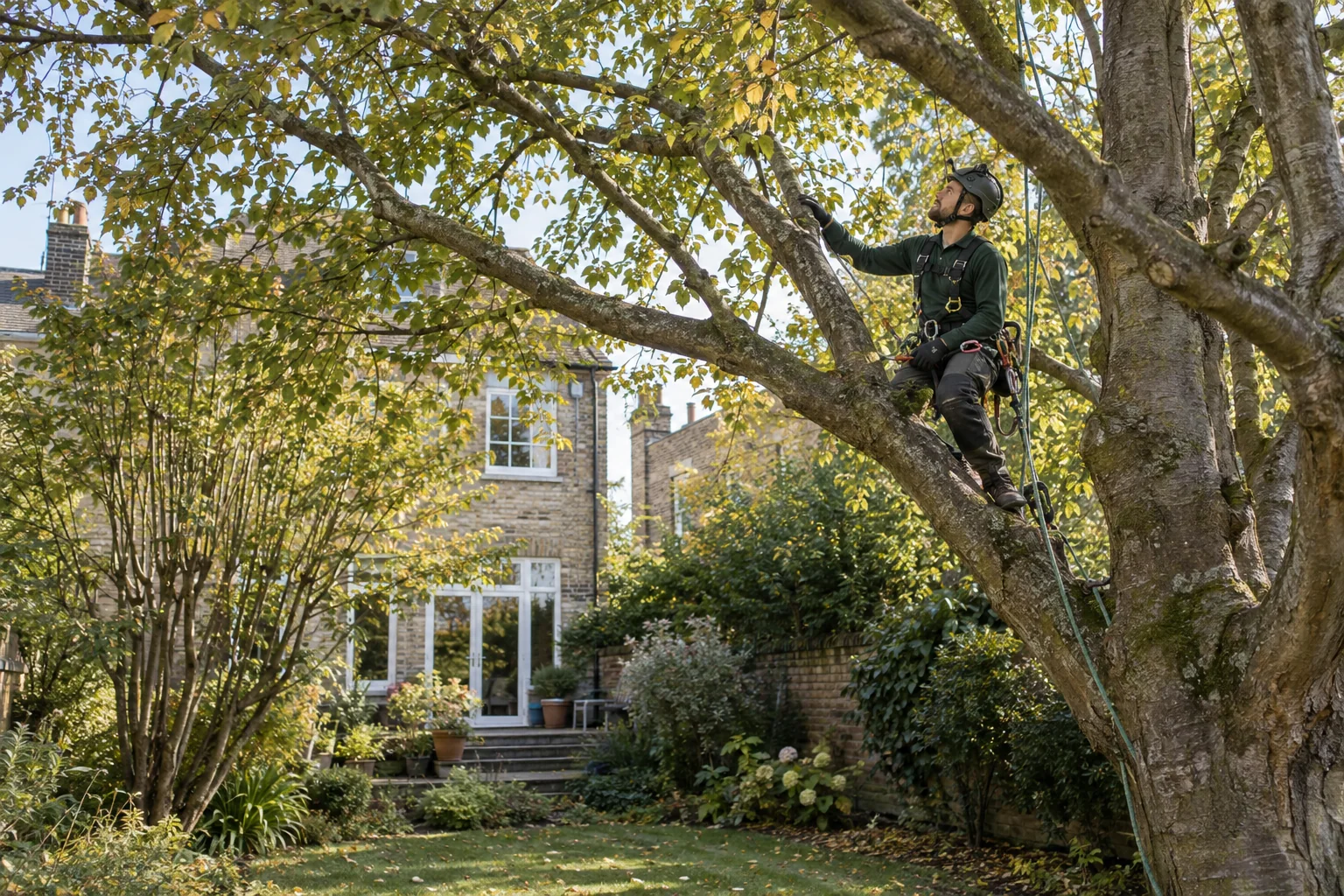 Roped arborist inspecting branching structure