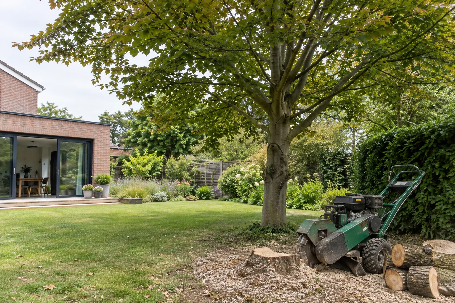 Stationary stump grinder beside a garden stump
