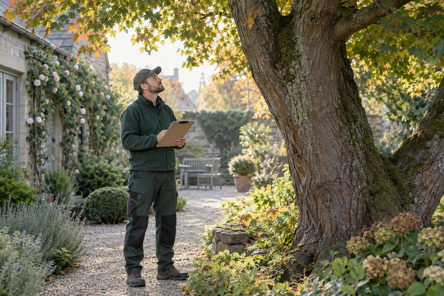 Arborist assessing a mature tree from ground level