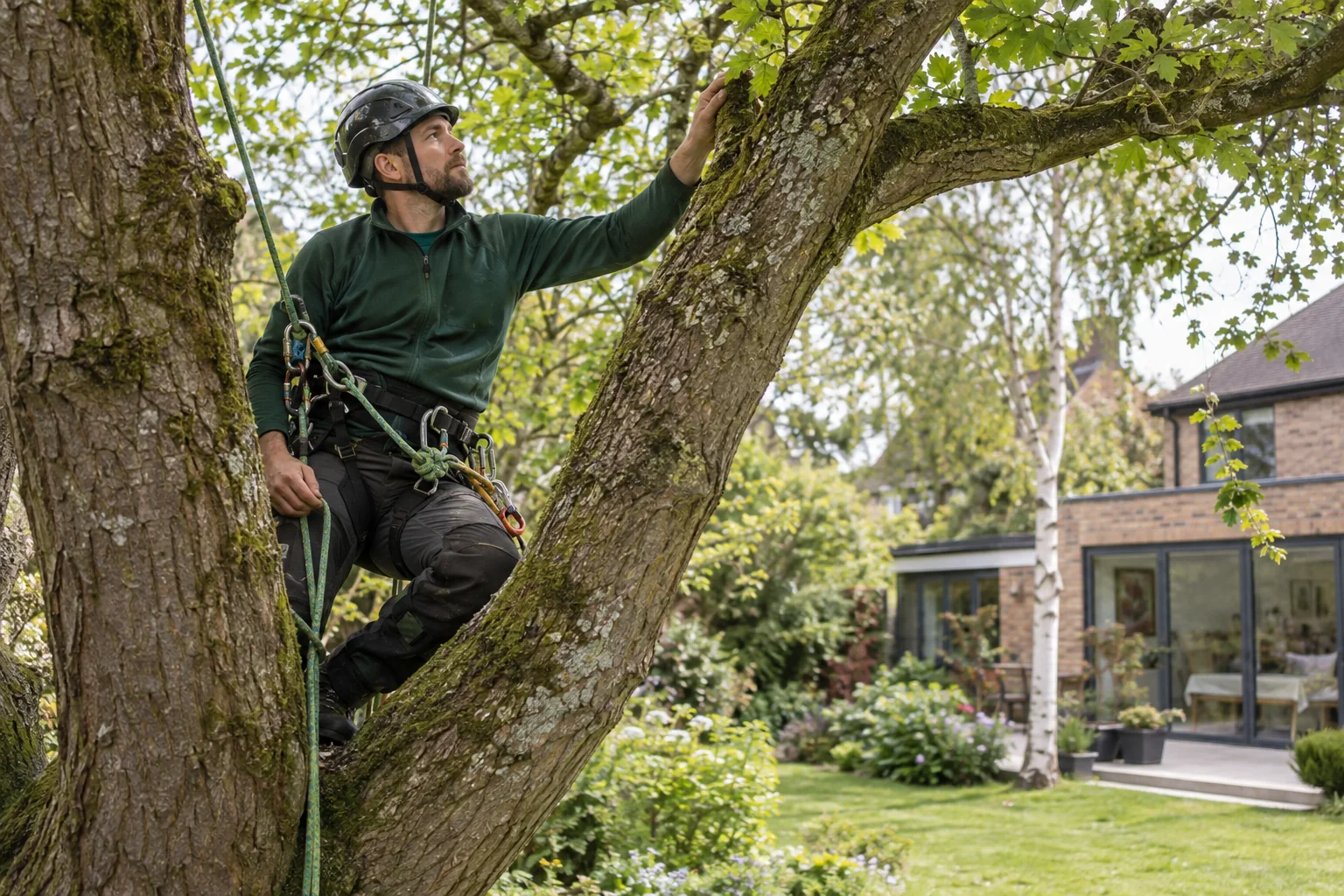 Roped arborist inspecting branching structure