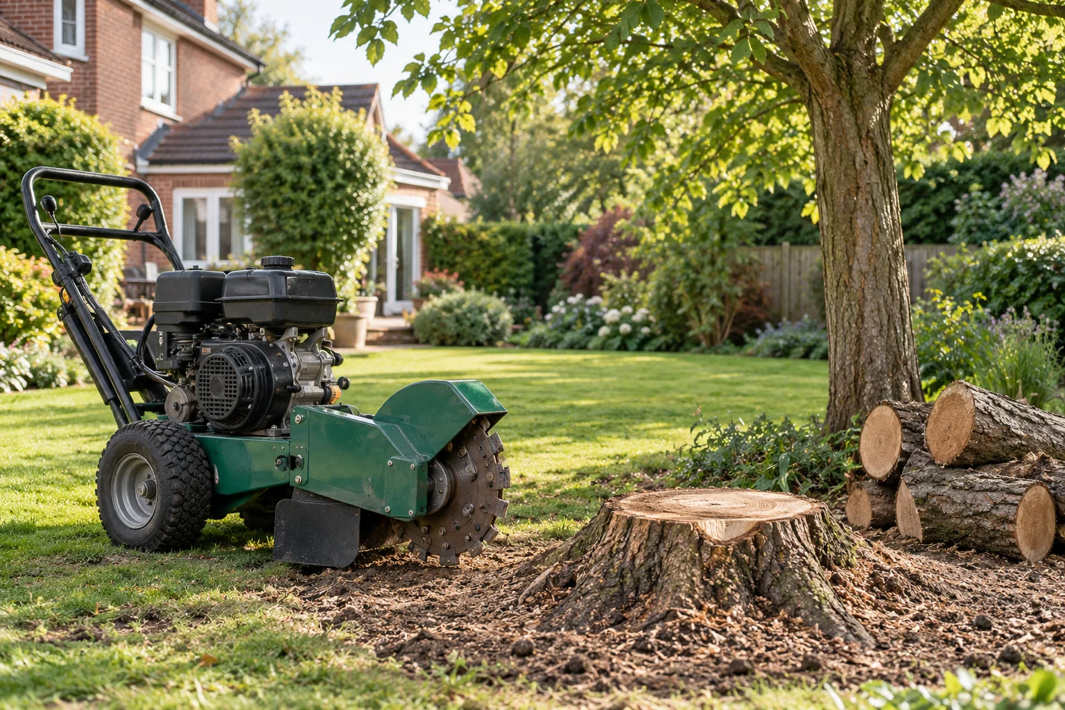 Stationary stump grinder beside a garden stump