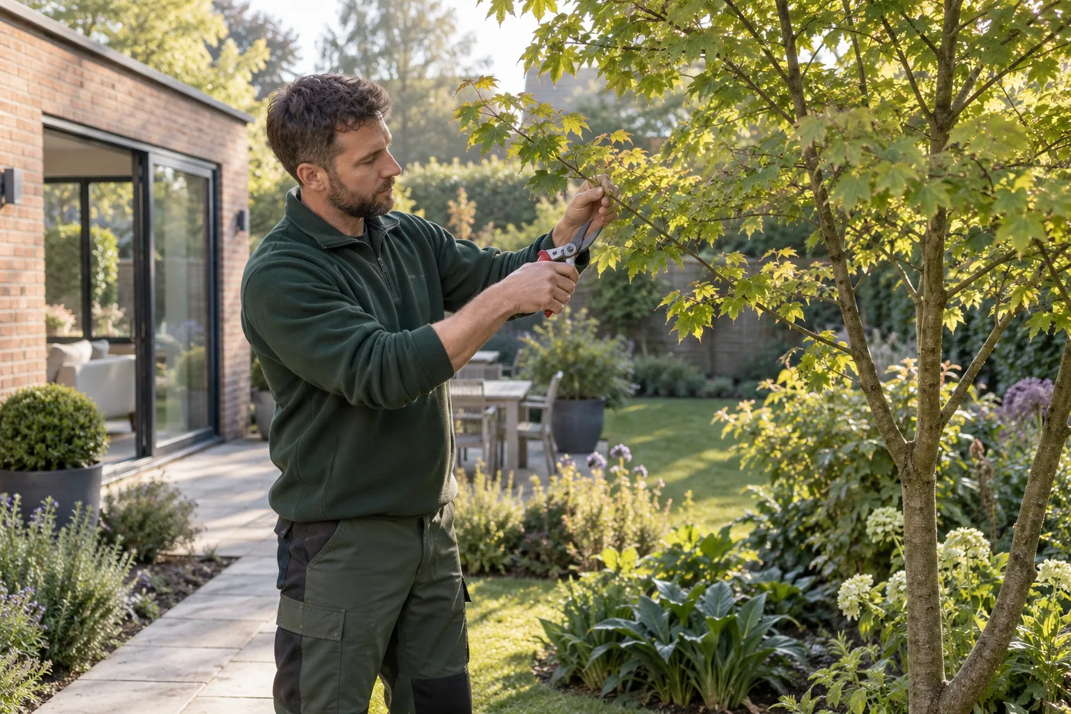 Careful pruning of a garden tree branch