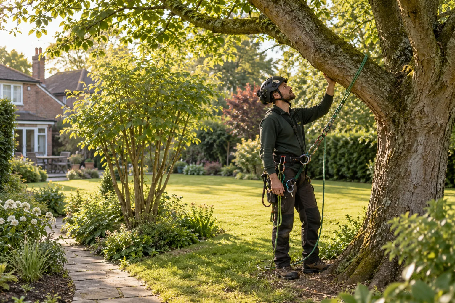 Roped arborist inspecting branching structure