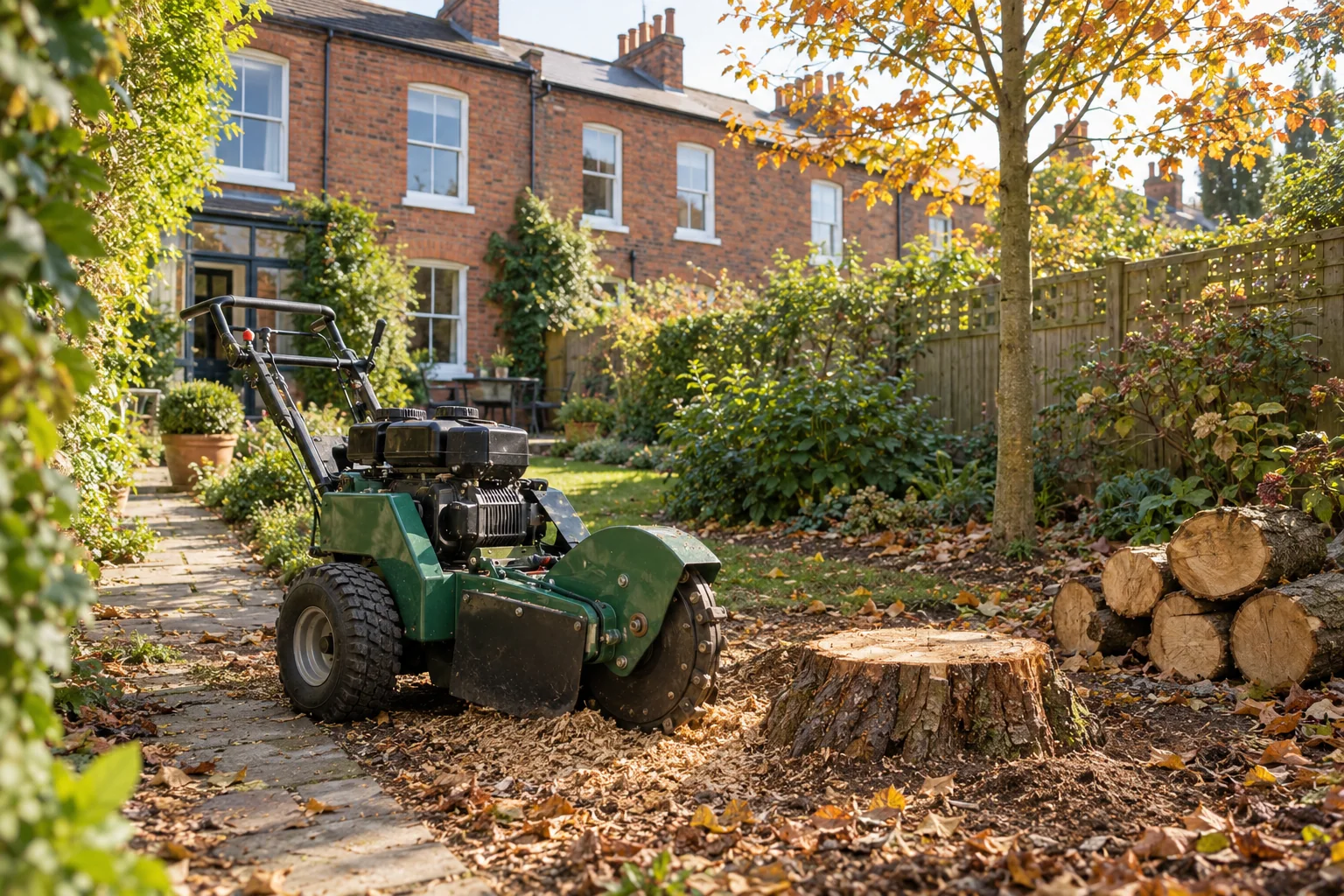 Stationary stump grinder beside a garden stump