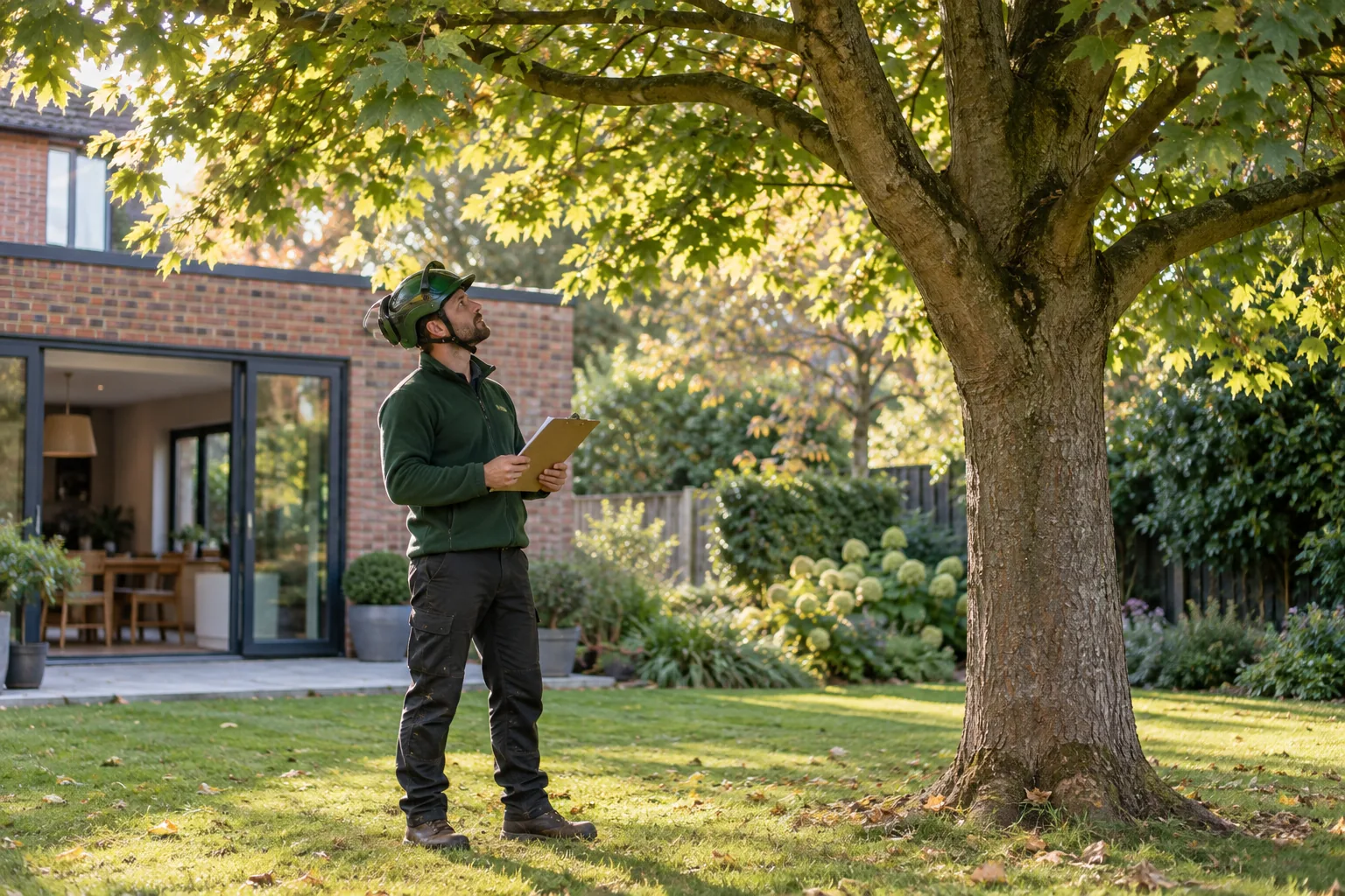 Arborist assessing a mature tree from ground level