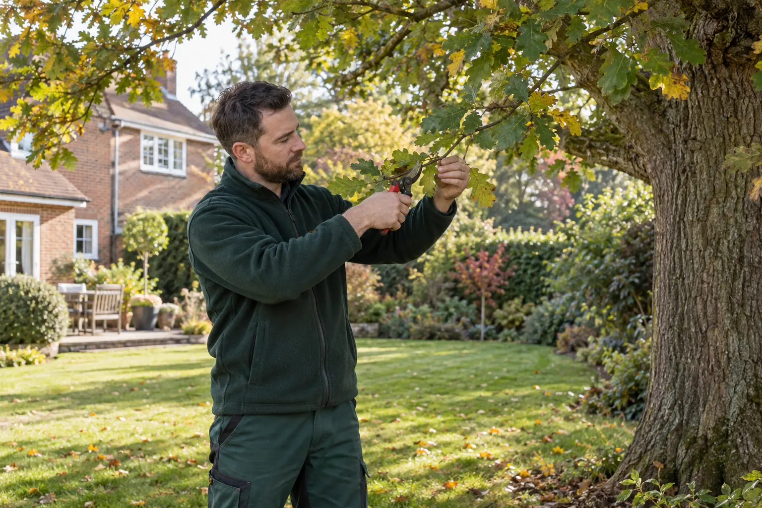 Careful pruning of a garden tree branch