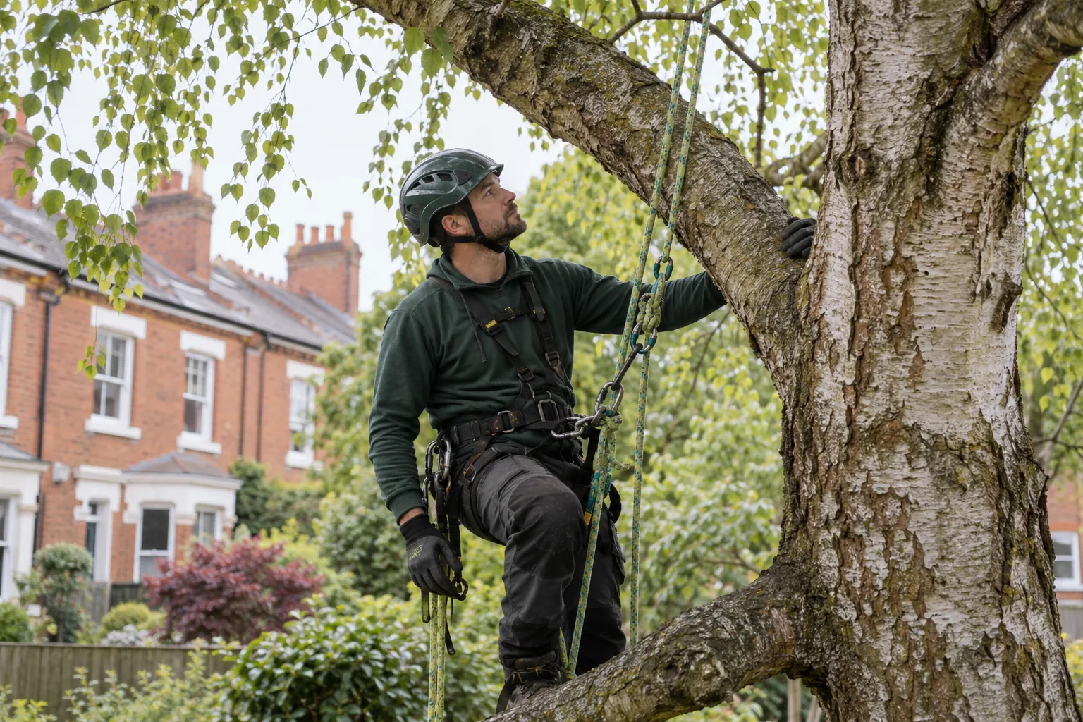 Roped arborist inspecting branching structure