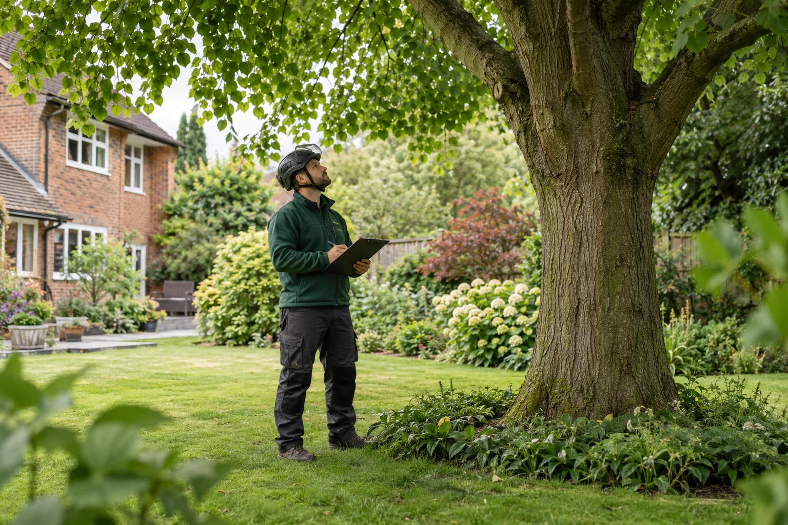 Arborist assessing a mature tree from ground level