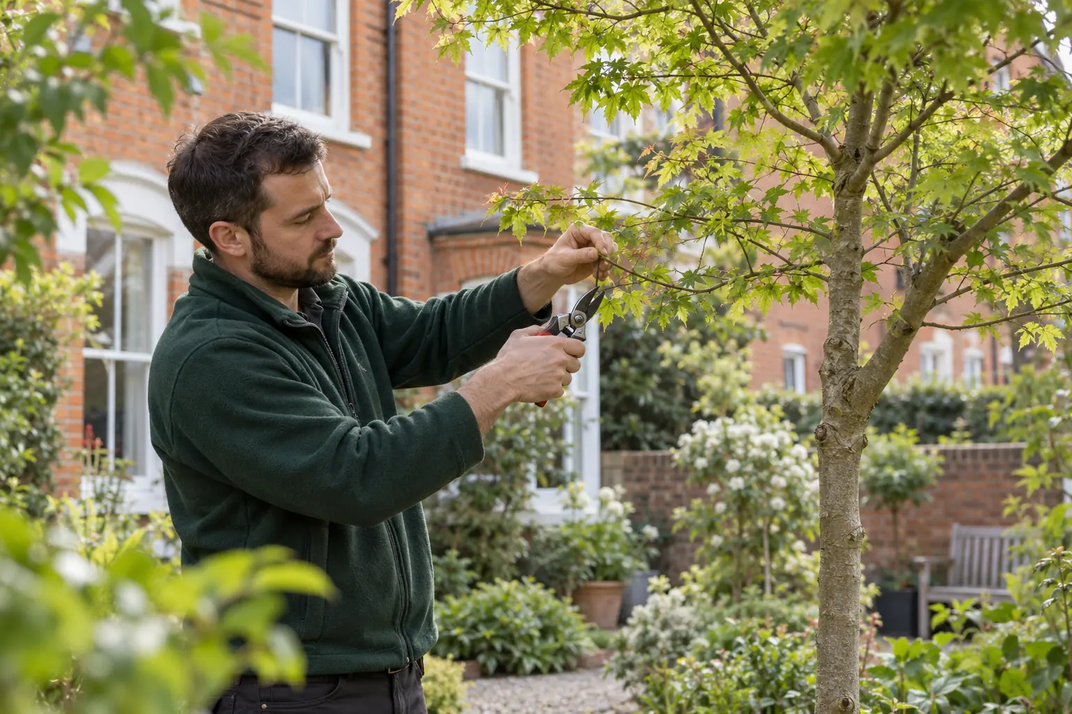 Careful pruning of a garden tree branch