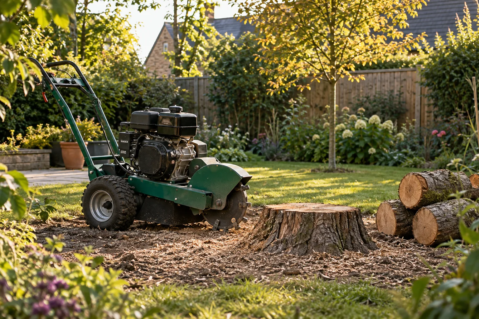 Stationary stump grinder beside a garden stump