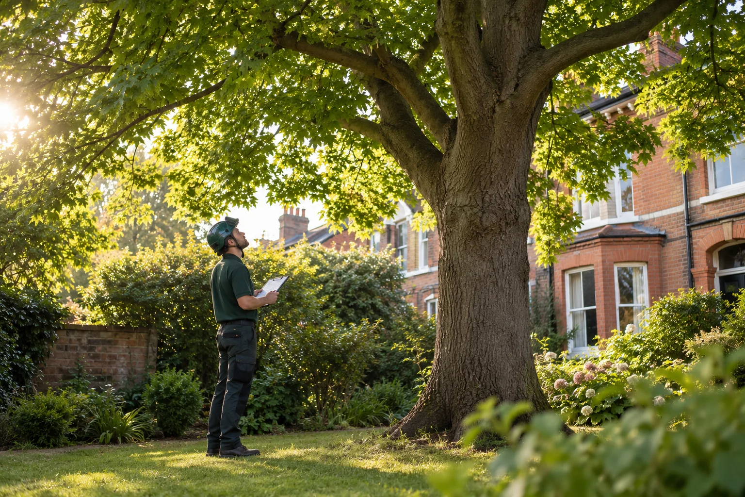 Arborist assessing a mature tree from ground level