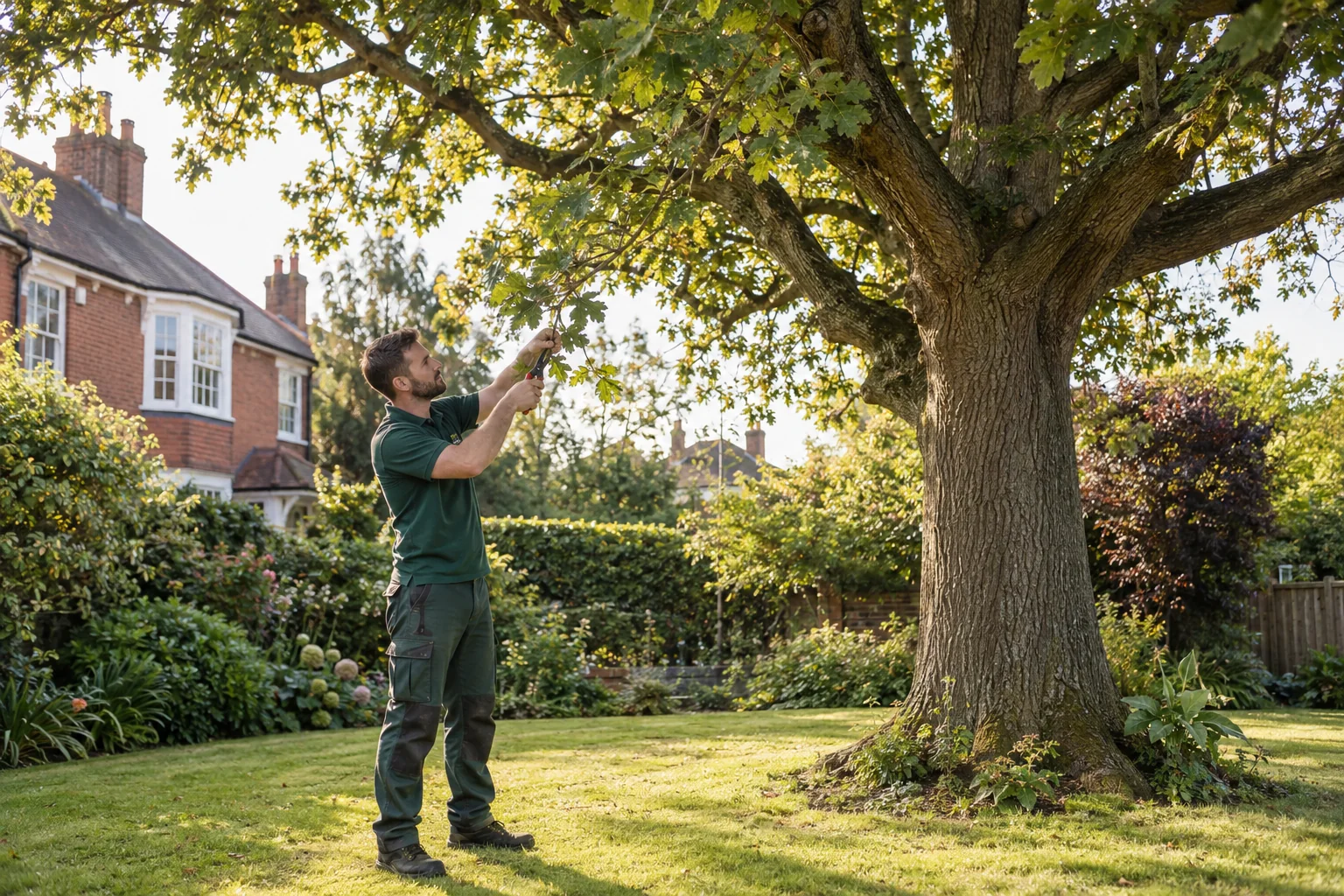Careful pruning of a garden tree branch