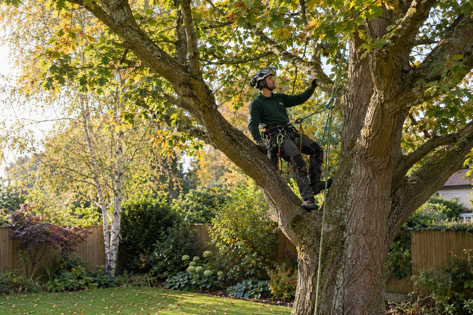 Roped arborist inspecting branching structure