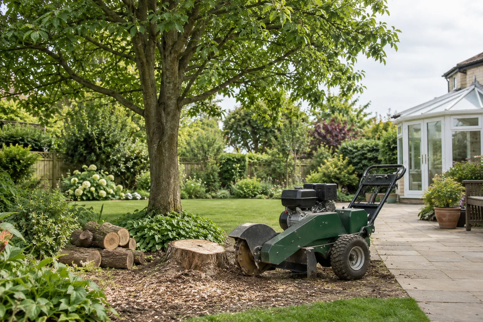 Stationary stump grinder beside a garden stump