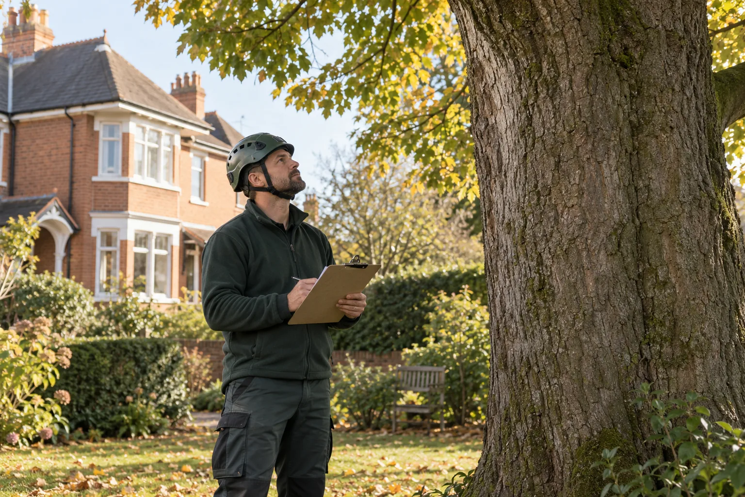 Arborist assessing a mature tree from ground level
