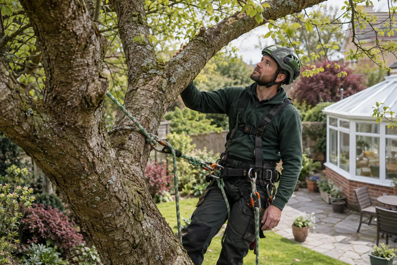 Roped arborist inspecting branching structure