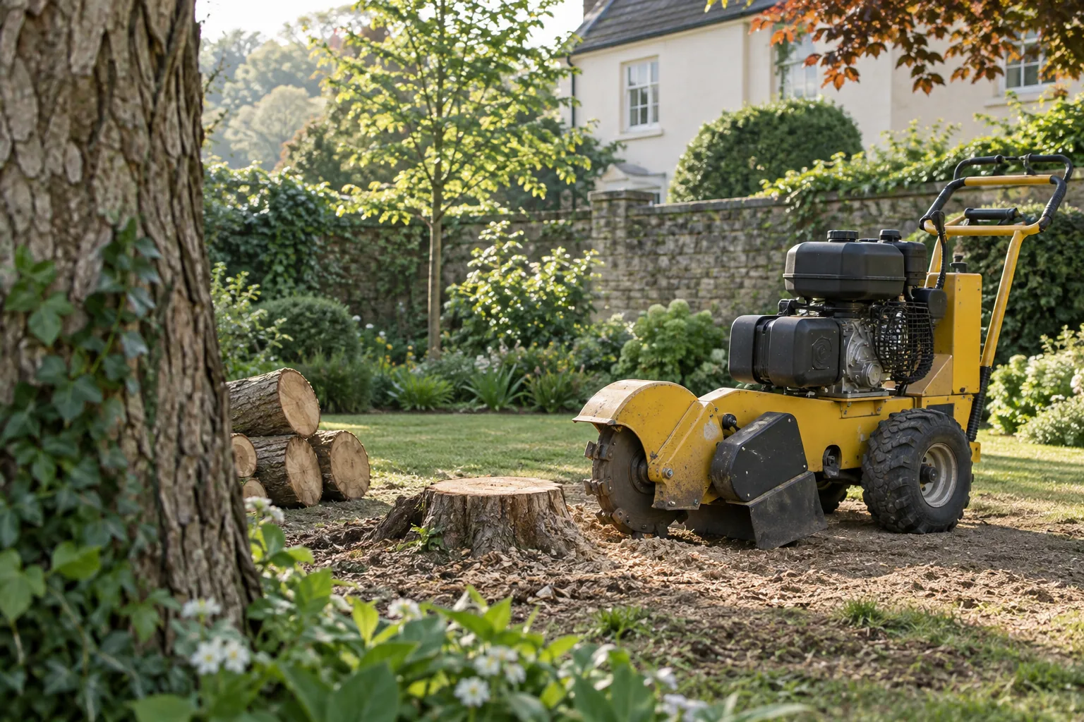 Stationary stump grinder beside a garden stump