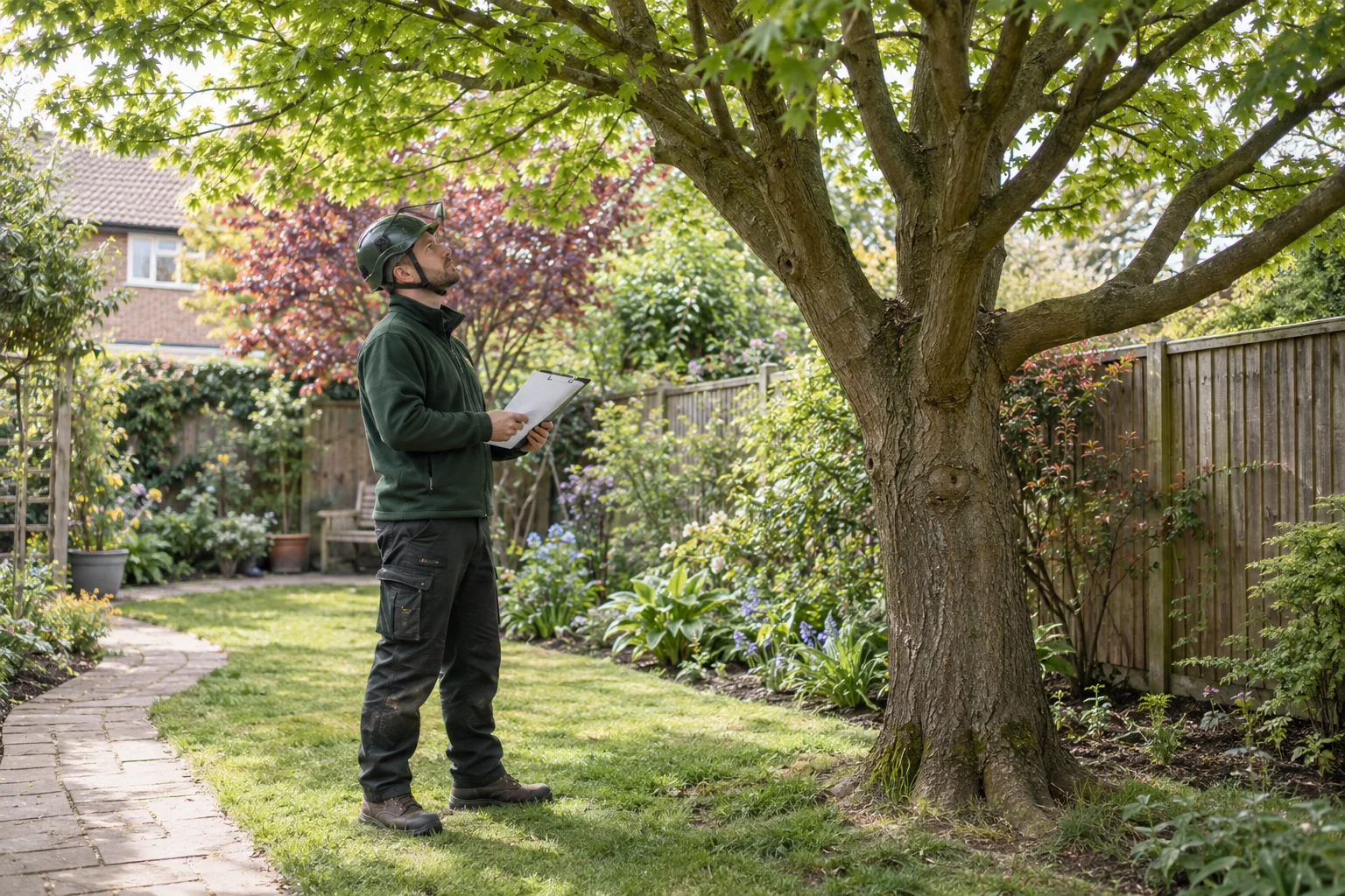 Arborist assessing a mature tree from ground level