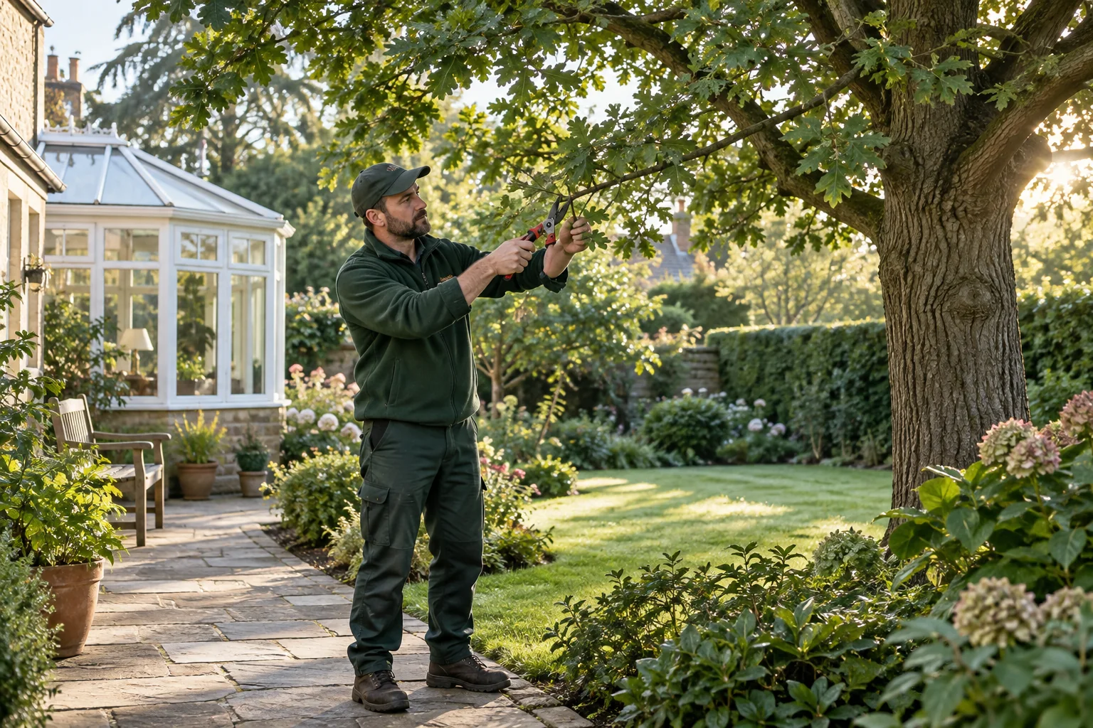 Careful pruning of a garden tree branch