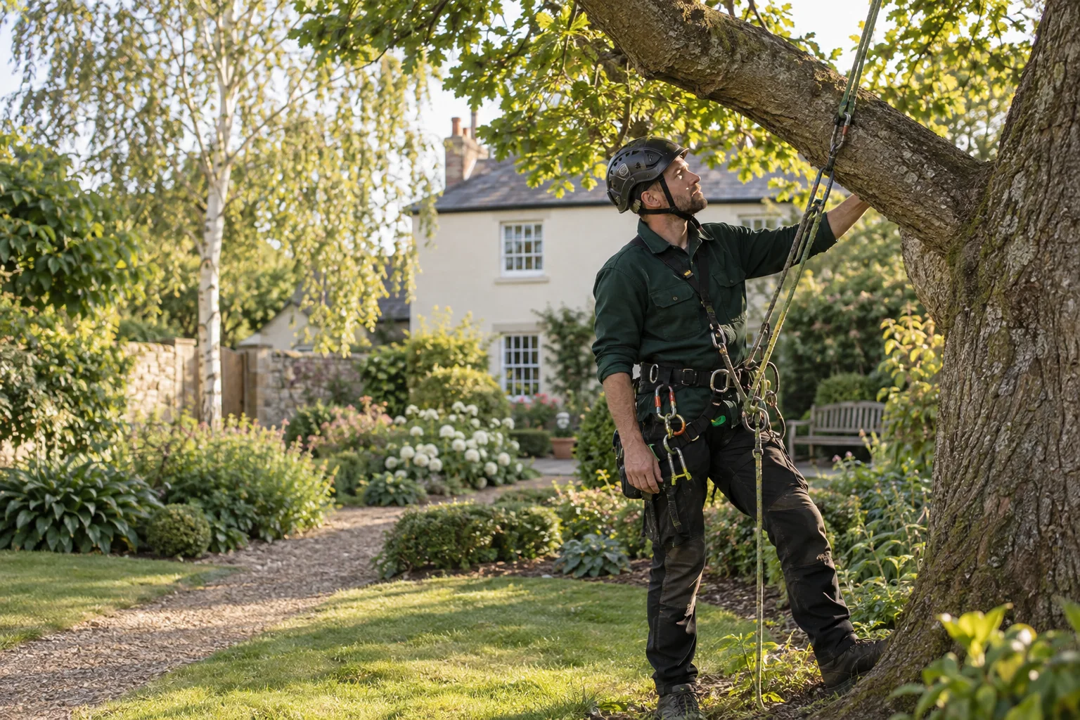 Roped arborist inspecting branching structure